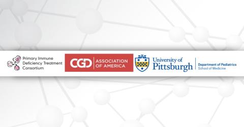 Logos for the Primary Immune Deficiency Treatment Consortium, CGD Association of America, and University of Pittsburgh.